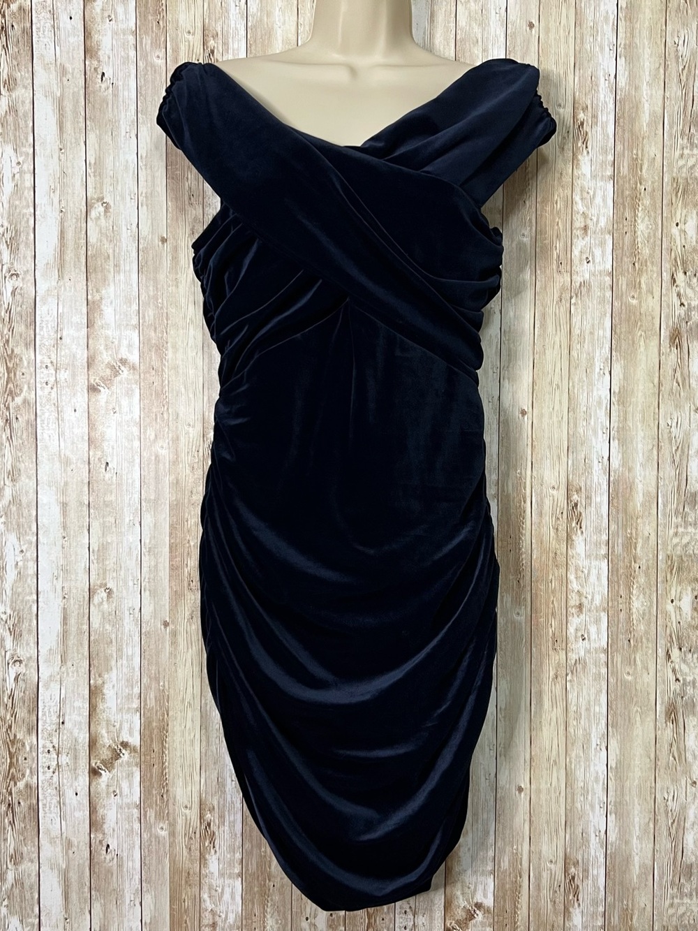 Express Velvet Off-Shoulder Ruched Cocktail Dress - Navy Size L